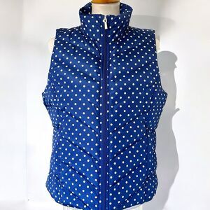 Lands End Women’s Down Feathers Puffer Vest MEDIUM 10-12 Full Zip Blue Polka Dot
